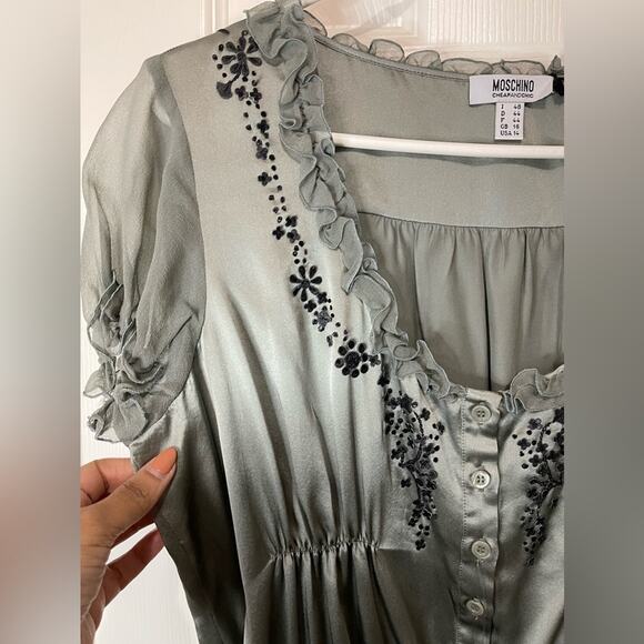 Moschino Cheap and Chic Green Y2K NWT Silk Black Floral Sheer Mesh Sleeve Top 14 - Picture 3 of 7